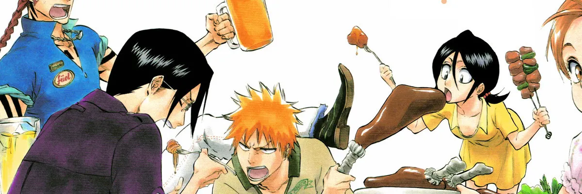 Ichigo, Rukia y sus amigos comiendo en una ilustración de Bleach