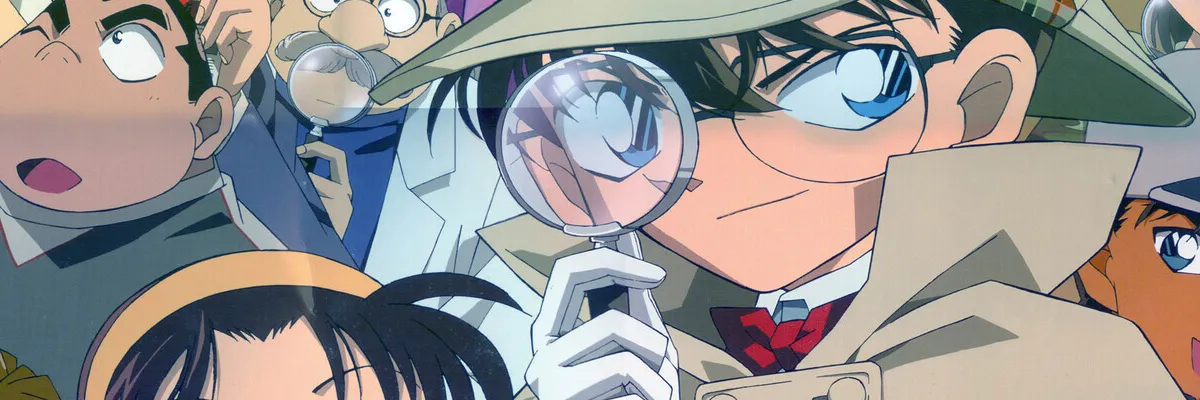 Conan Edogawa mirando con una lupa en una ilustración de Detective Conan