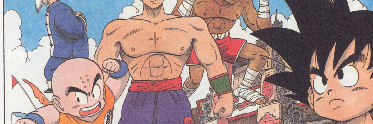Goku de niño, Krilin y otros luchadores del Torneo de Artes Marciales en una ilustración de Dragon Ball
