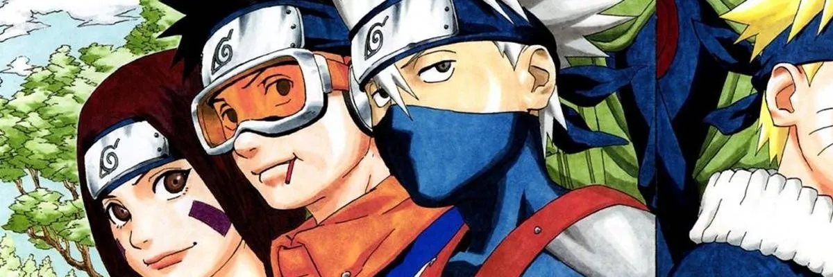 Rin, Obito y Kakashi con la bandana de la Hoja, junto a Naruto, en una ilustración de Naruto